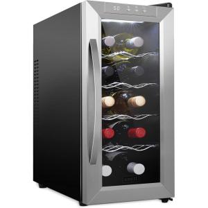 imageSchmck 10 Bottle Red And White Wine Thermoelectric Wine CoolerChiller Counter Top Wine Cellar with Digital Temperature Display Freestanding Refrigerator Smoked Glass Door Quiet Operation FridgeStainless Steel