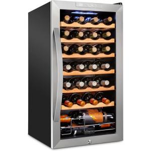 imageSchmecke 34 Bottle Compressor Wine Cooler Refrigerator wLock  Large Freestanding Wine Cellar  41f64f Digital Temperature Control Wine Fridge For Red White Champagne or Sparkling Wine  BlackStainless Steel